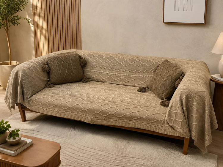 شال مبل سه متری نخ اکرولیک ترک رنگ کاپوچینو