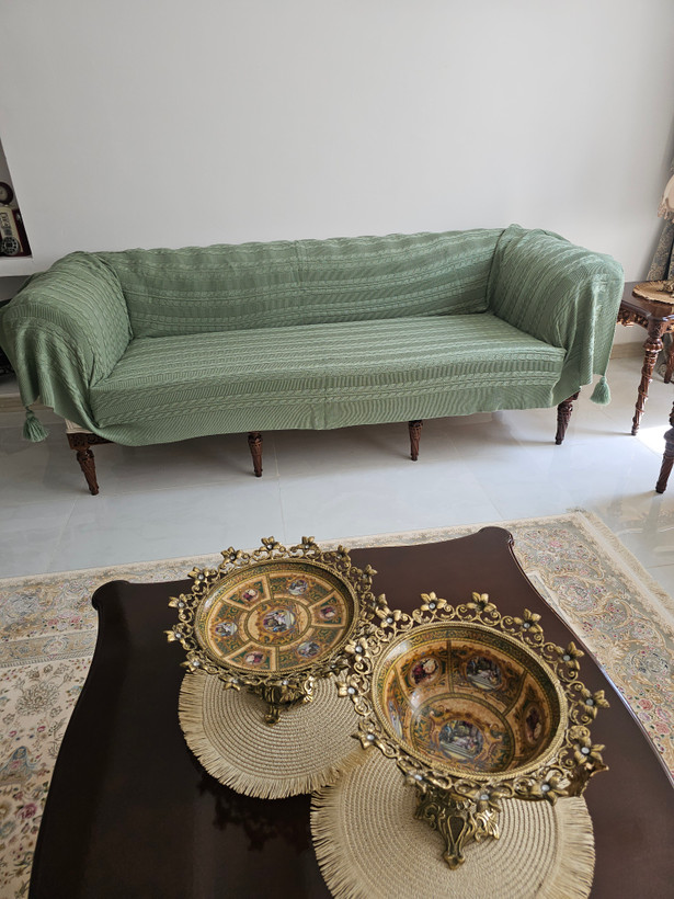 شال مبل سه متری طرح مارپیچ نخ اکرولیک ترک رنگ سبز سدری
